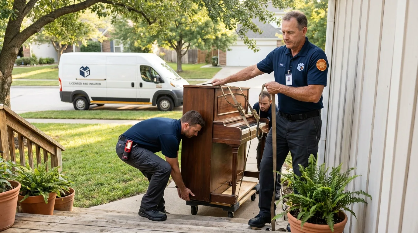 Licensed piano movers securing grand piano in Whitinsville, MA