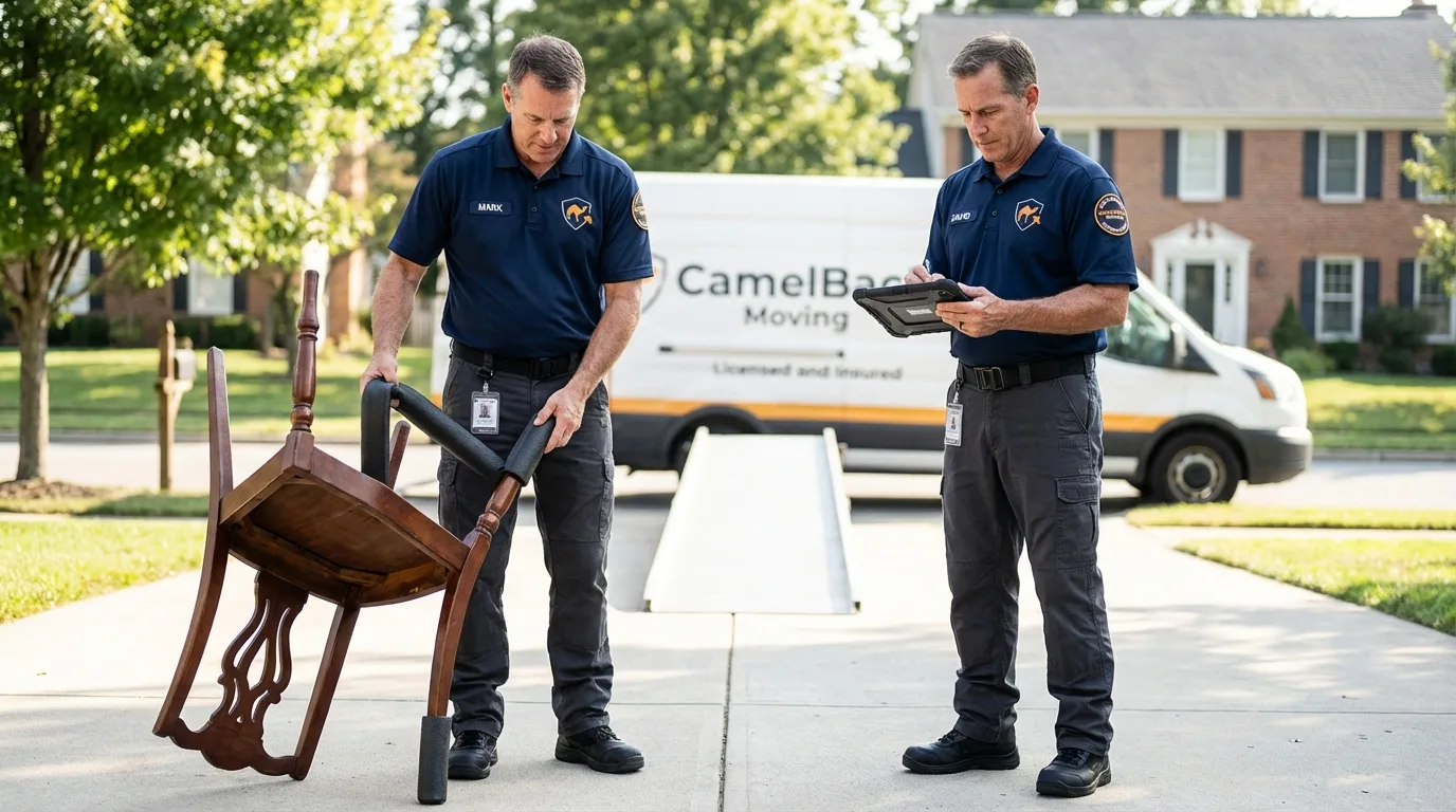 Movers inspecting furniture for damage prevention before loading in Whitinsville, MA