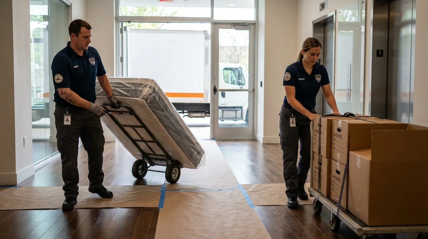 Professional apartment movers loading elevator in Whitinsville, MA
