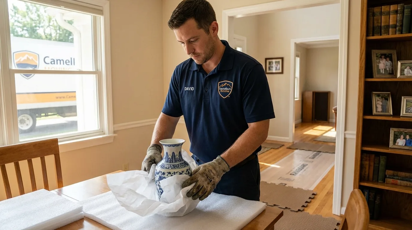 Professional crew carefully wrapping antique vase for senior downsizing move in Whitinsville, MA