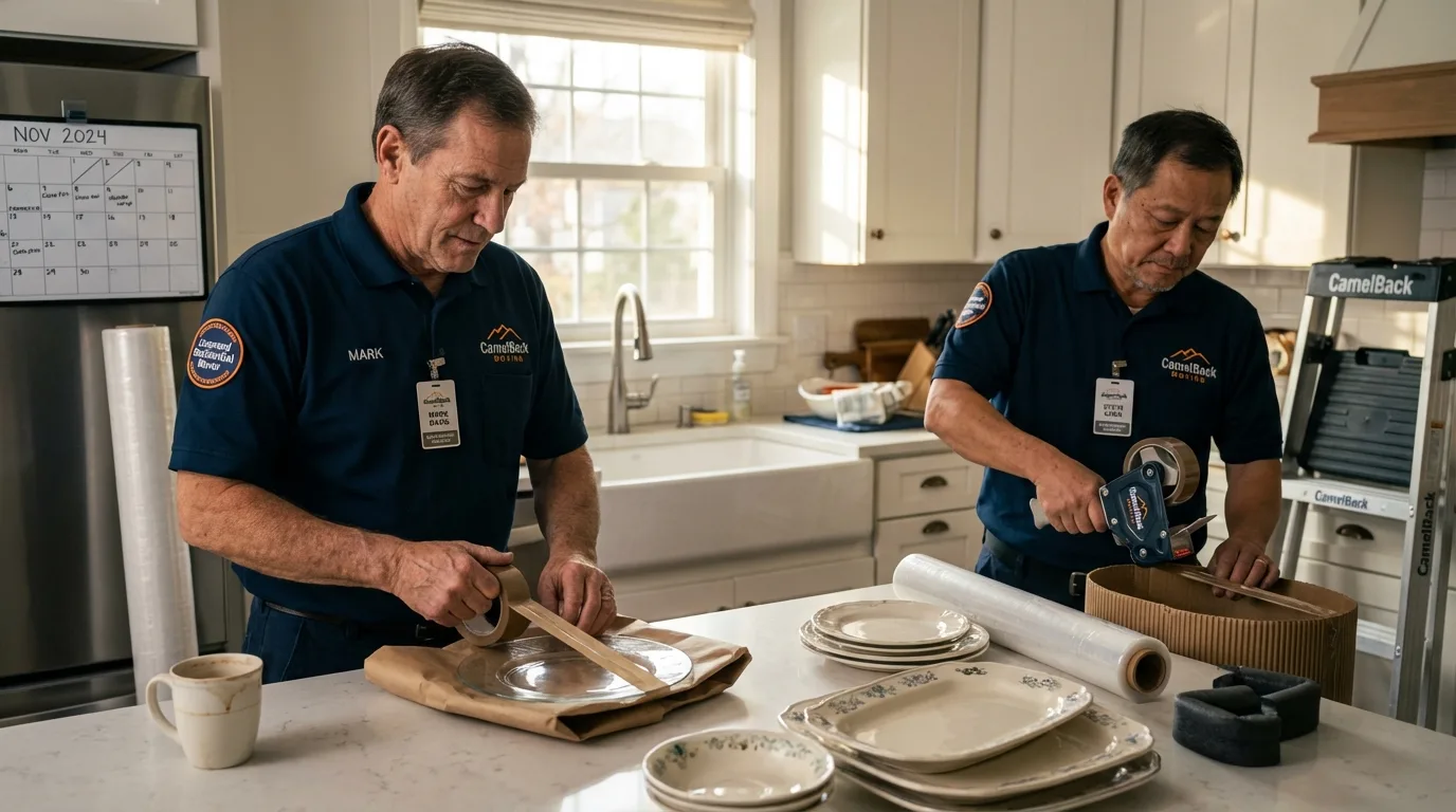 Professional crew packing kitchen dishware in Whitinsville, MA